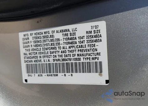 2007 Honda Odyssey Touring from USA, damaged, VIN 5FNRL38847B110930